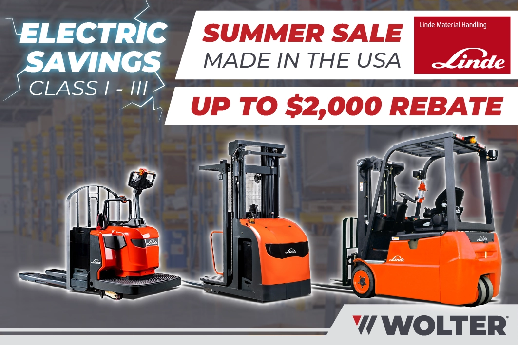 Electric Savings Linde Summer Rebate on USAMade Forklifts Wolter Inc