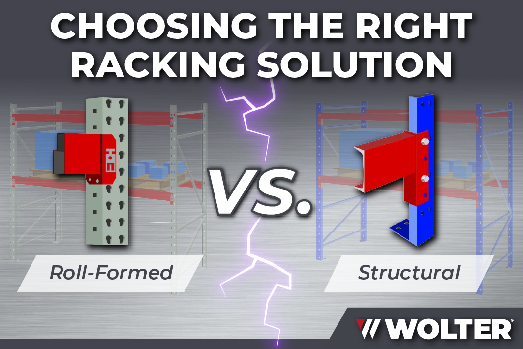 Roll-formed and structural pallet racking systems in a warehouse, illustrating differences in construction, durability, and storage applications.