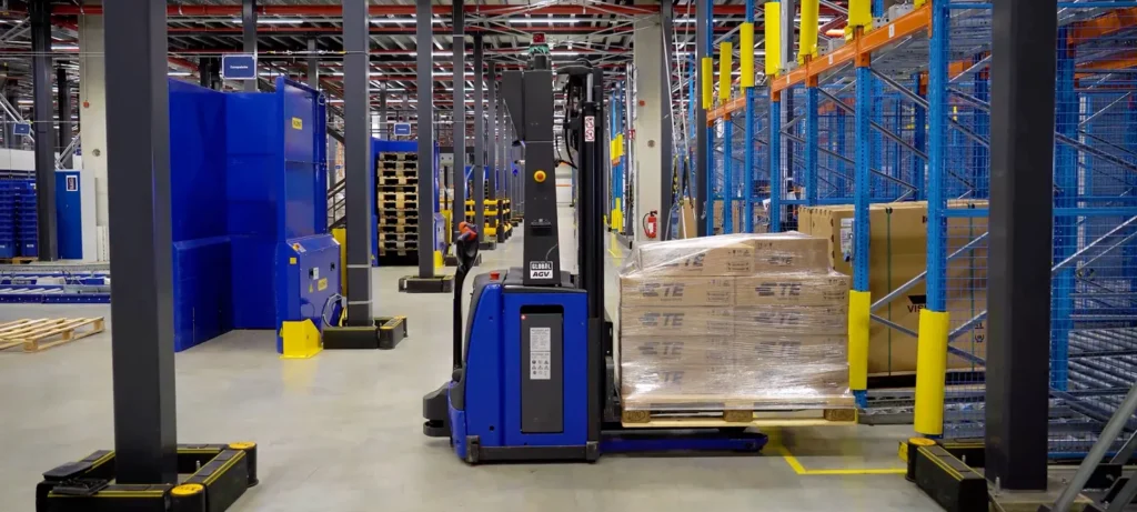 Global AGV automated guided vehicle lifting a pallet