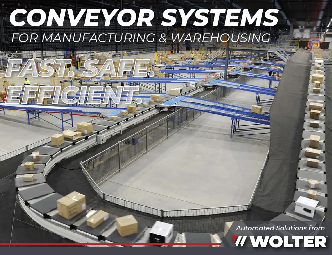 Industrial conveyor system moving packages through an automated warehouse and distribution facility